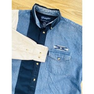 Vintage Wrangler Shirt Men LG Tall Cream Navy Denim Southwest Aztec Colorblock